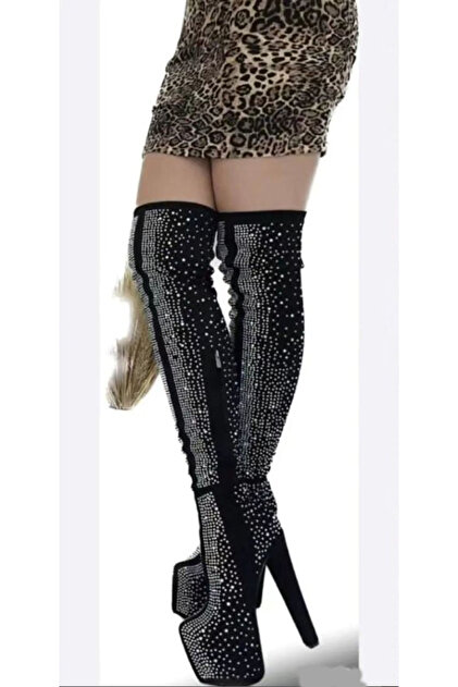 Afilli Women's Black Platform High Heels Shiny Socks Stretchy Evening Dress  over the Knee Boots Long Boots Shoes- Trendyol