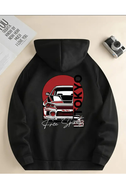 Retro Car Print Men's Round Neck Long Sleeve Hooded Sweatshirt