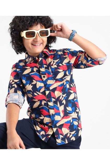 قميص Pine Kids من القطن بأكمام طويلة مطبوع عليه أوراق الشجر - أزرق داكن