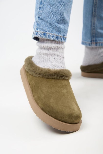 (Jana Furry) Women's Genuine Leather Flat Platform Khaki Slippers