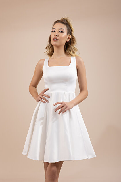 berissima bride Daphne Square Collar Satin Mini Dress- Trendyol