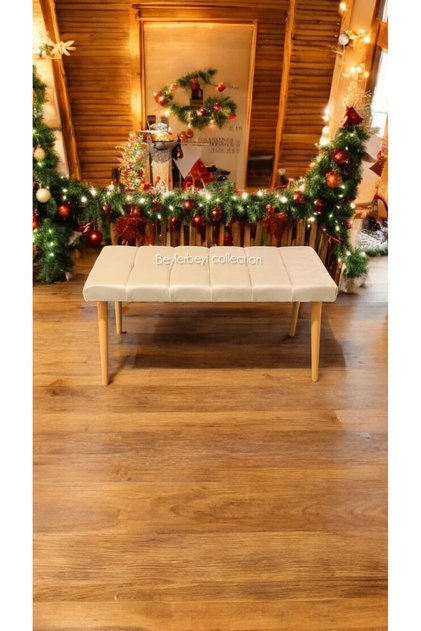Ahşap Ayaklı Handmade Geniş Oturum Alanlı Krem düz Kumaş Pofidik Puf bench ,ayak ucu uzatmalık