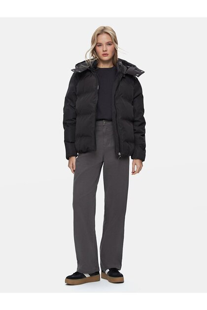 Hooded Zippered Inflatable Black Coat