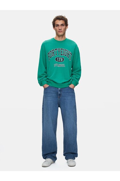 New York Printed Crew Neck Long Sleeve Green Sweatshirt