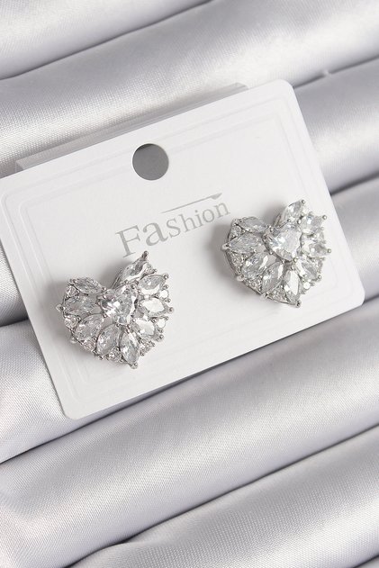 Brass Silver Color Zircon Stone Heart Model Women's Earrings Tj-Bkp9749