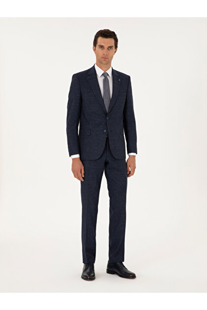 Lacivert Slim Fit Yün Keten Karışımlı Mikro Desenli Takım Elbise 50296395-VR033