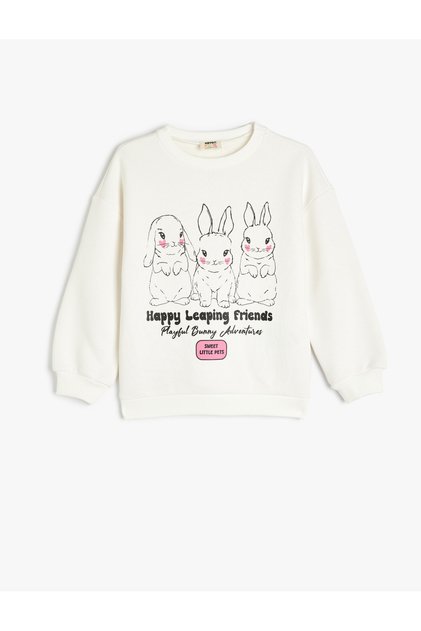Rabbit Printed Long Sleeve Crew Neck Raised Sweatshirt