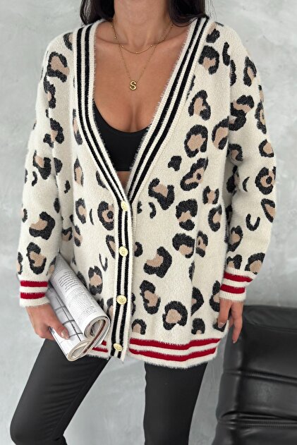 Women's Cream Standard Size Gold Button Detailed Oversize Knitwear Cardigan