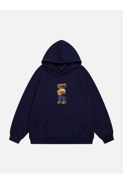 Unisex Teddy Bear Printed Hooded Fleece Oversize Sweatshirt