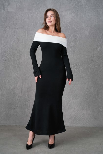 Black Knitwear Fabric White Stripe Madonna Collar Long Sleeve Evening Dress 181