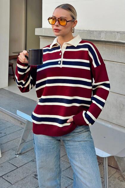 Burgundy Polo Neck Thick Striped Women's Knitwear Sweater