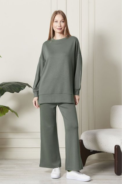 Khaki Color Modal Long-Length Crew Neck and Wide-Leg Tracksuit Set - Elastic Waist