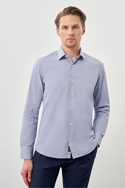 Men's Dark Navy Blue Long Sleeve Hard Collar Cotton Slim Fit Shirt 1004245226