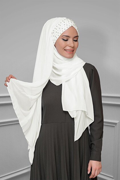 Cream Practical Ready-To-Wear Bonnet Shawl Chiffon Self-Embellished with Stones Handmade Embroidered 1450_40