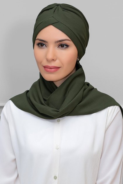 Khaki Practical Ready-made Interlaced Hijab Bonnet with Honeycomb Seasonal Gathered Scarf 1860_09