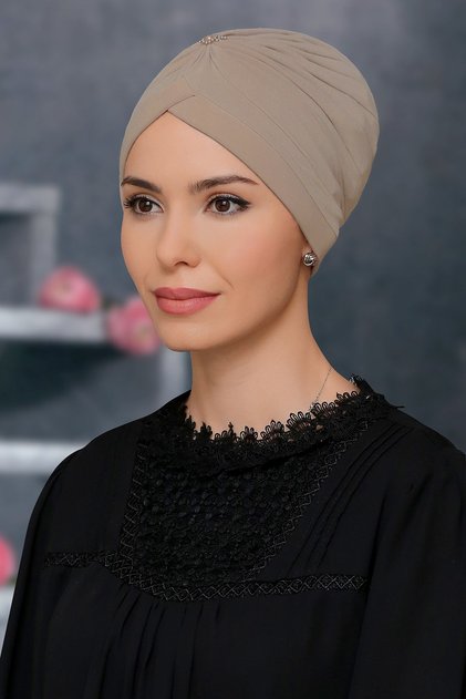 Beige Practical Ready-made Interlaced Hijab Bonnet Sandy Fabric Crowned Gathered 1208_12
