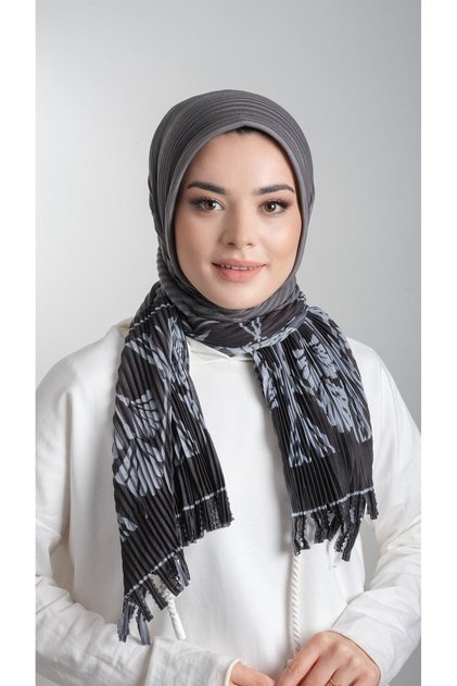 Smoked Practical Ready Interlaced Hijab Scarf Staple Fiber Pleated Flower Patterned 1818d3_25