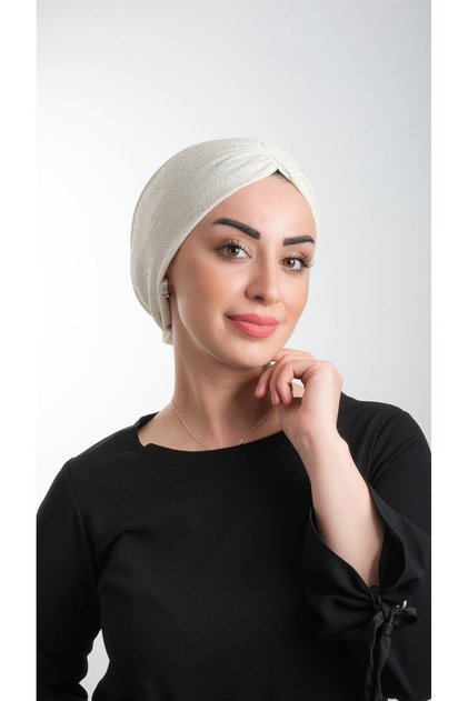 Cream Practical Ready-to-Plug Hijab Bonnet Fukuro Glittered Gathered 2116_40