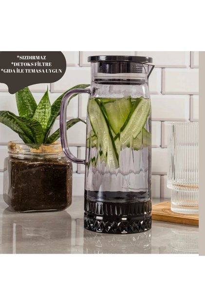 1300 ml Akrilik  Detoks Sürahi,Vakum Kapaklı Sunum Sürahi,1.3 Litre Filtreli Sızdırmaz Sürahi