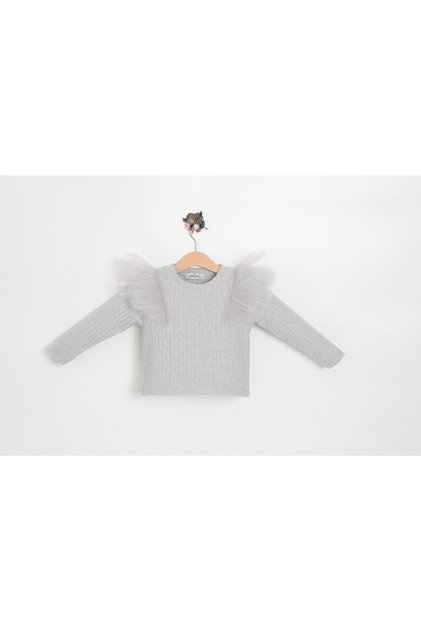 Gray Girl's Ribbed Knitted Tulle Ruffled Body