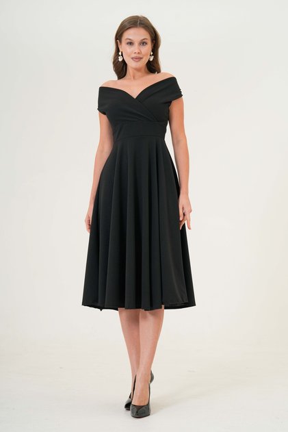Women's Flexible Fabric Double Breasted Collar A-Line Cut Black Dress 046