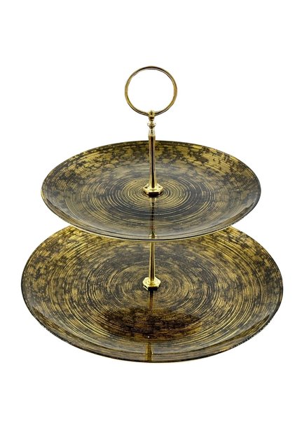 Glass serving plate 2 floors 28 cm black with gold color