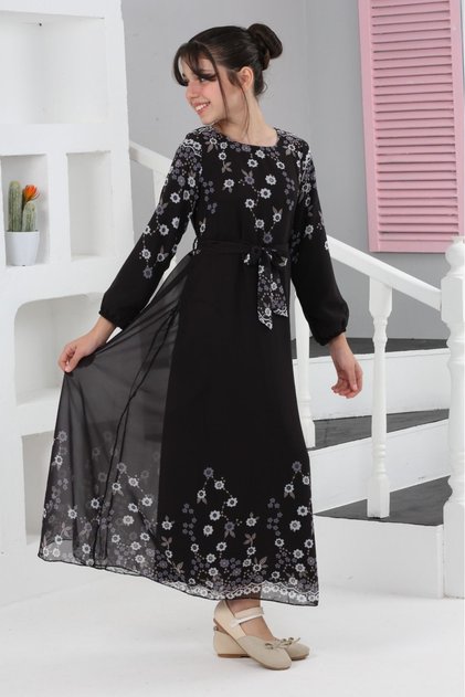 Girl's Floral Patterned Chiffon Long Hijab Dress