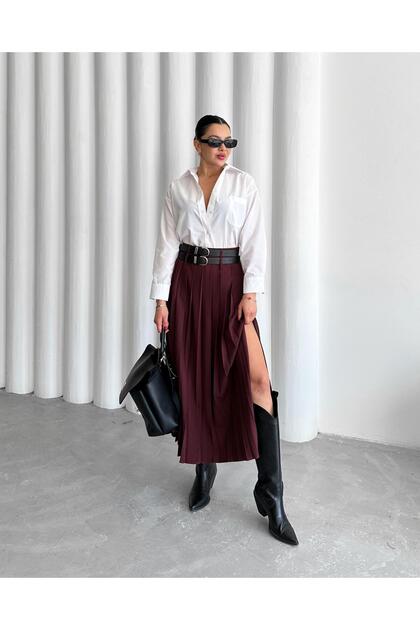 High Waist Double Belt Detailed Long Skirt with Side Slit
