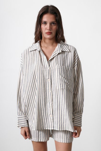 Beige Oversize Pocket Striped Low Sleeve Shirt Twoss25Go00061