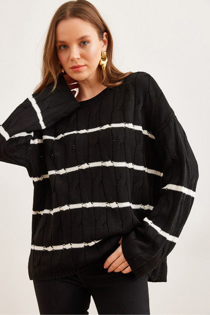 Women's Black Hair Braided Line Detailed Knitwear Sweater Kzk- 19000919