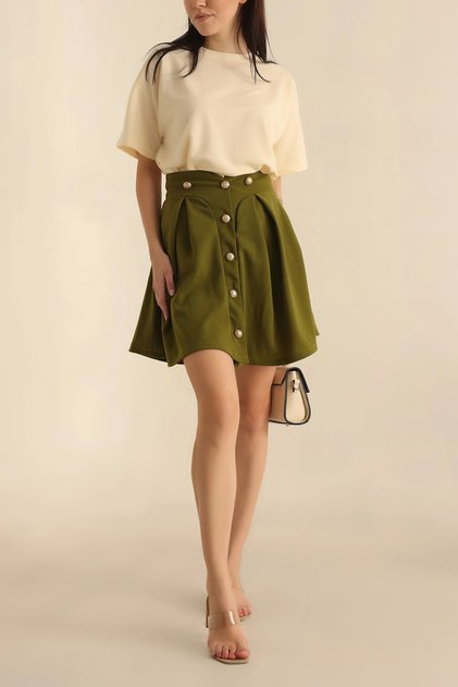 Women's Pleated Crepe Mini Skirt with Gold Buttons