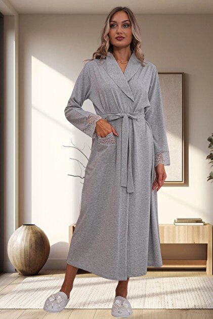 Mecit Pijama Women's Long Length Cotton Dressing Gown with Belt Tie Sleeves  and Laced Pockets- Trendyol