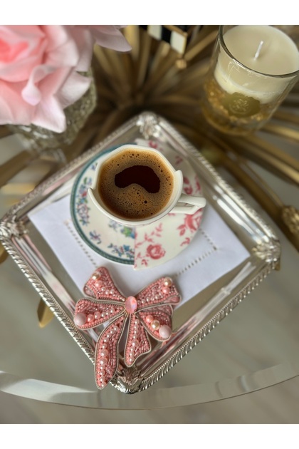 1 Piece of Stone Embroidered Ribbon Bow Coffee Side Presentation Napkin