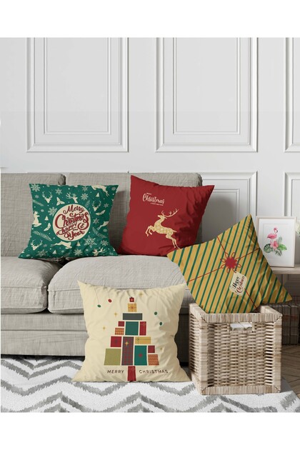 Christmas Themed Merry Christmas Patterned Digital Printed Seat Pillow Throw Pillow Cover