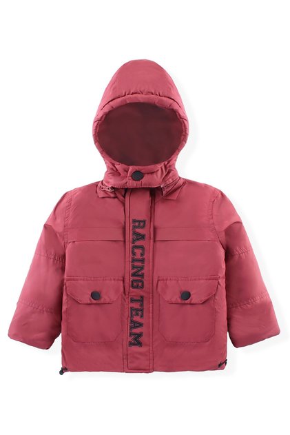 Babyhug Woven Full Sleeves Solid Jacket with Detachable Hood & Text Print - Rust