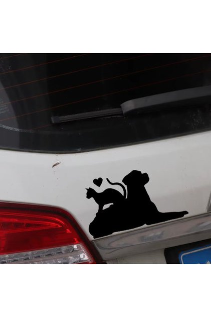 Cat Dog Friendship Car Laces Door Sticker Black Color 15cm