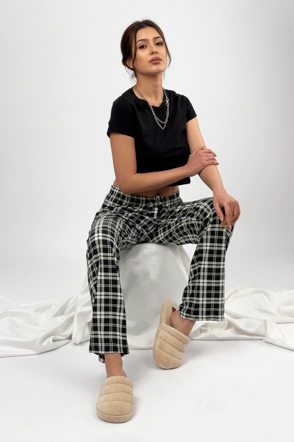 Black White Plaid Checkered Women's Velvet Pajama Bottoms Tracksuit Cotton
