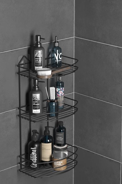 Teknotel Bathroom Organizer Shampoo Dispenser Soap Holder 3-Tier Adhesive Bathroom Shower Shelf Black St009