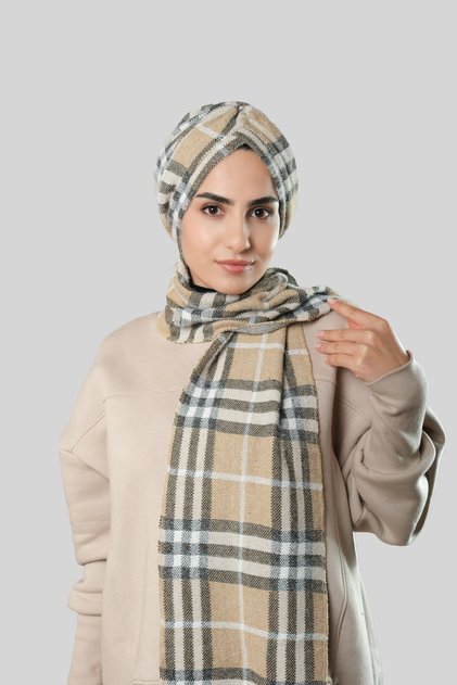 Beige Winter Self-Scarf Hijab Bonnet Jacquard Plaid 2322_12