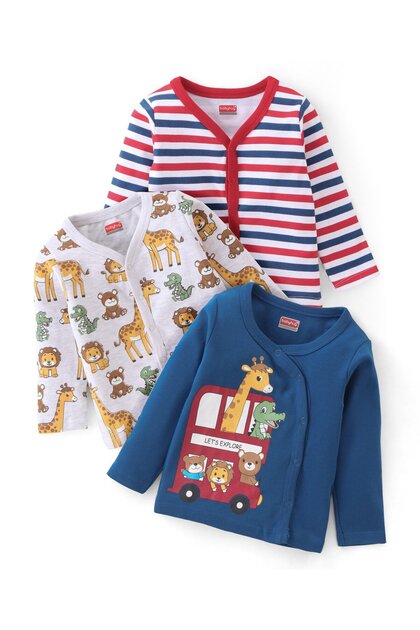 100% Cotton Knit Full Sleeves Front Open Vests Stripes & Animal Print Pack Of 3 -Multi Color