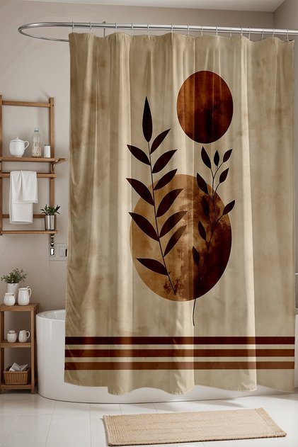Bathroom Curtain, Bohemian Brown Stripe Moon Pattern Shower Curtain, Bathtub Curtain 175X200Cm