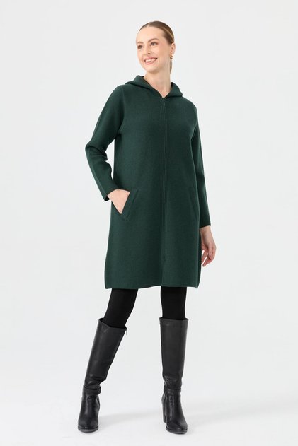 Women's Hooded Zippered Basic Long Wool Cardigan Green