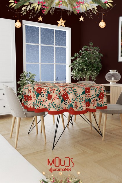 Kokina Flower Christmas Patterned Round Tablecloth Seamless Suede Textured Fabric New Year