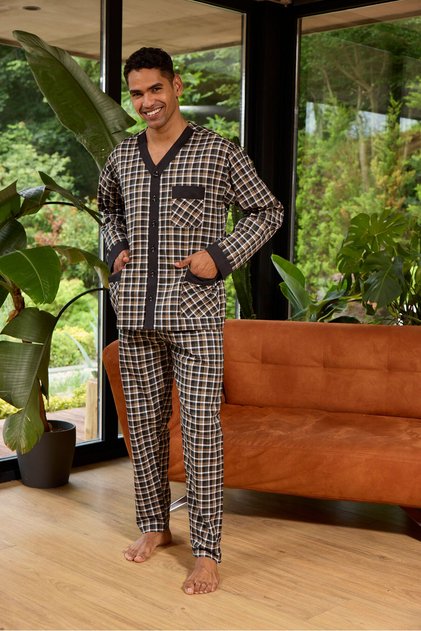 Men's V-Neck Green Buttoned Pajama Set