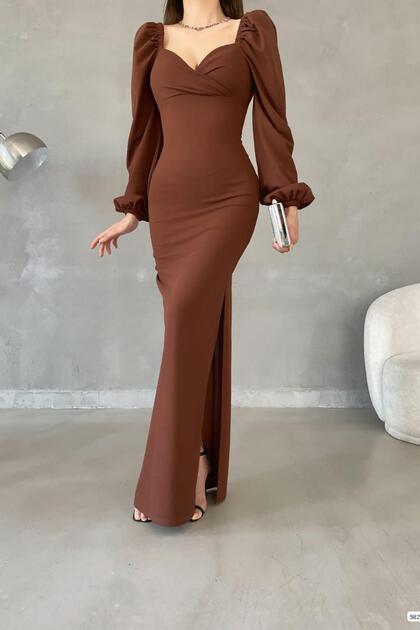 deafox Brown Princess Sleeve Slit Detail Sweetheart Collar