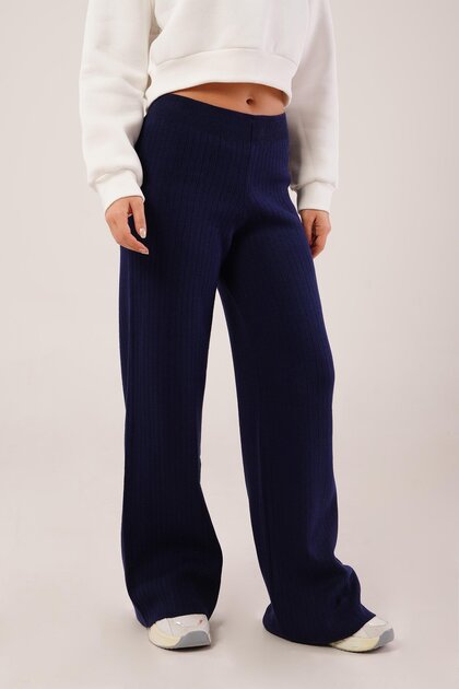 Ribbed Waist Elastic Wide Leg Navy Blue Knitwear Trousers