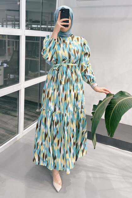 Ms246 Patterned Belted Turquoise Dress