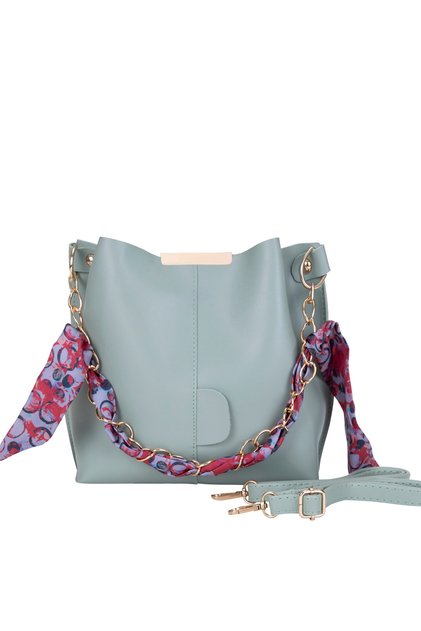 Women's Soft Leather 3-Compartment Handbag, Shoulder Bag with Scarf and Chain Accessories