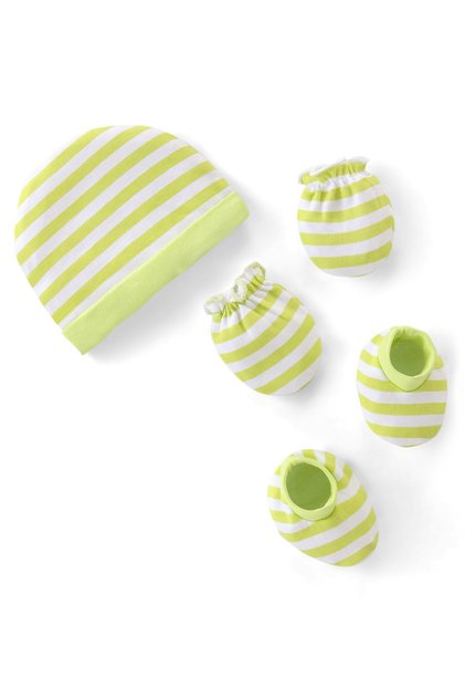 100% Cotton Knit Cap Mittens & Booties Set Striped - Green & White