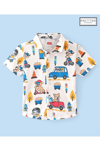 Babyhug 100% Cotton Knit Half Sleeve Shirt With Teddy Print - White